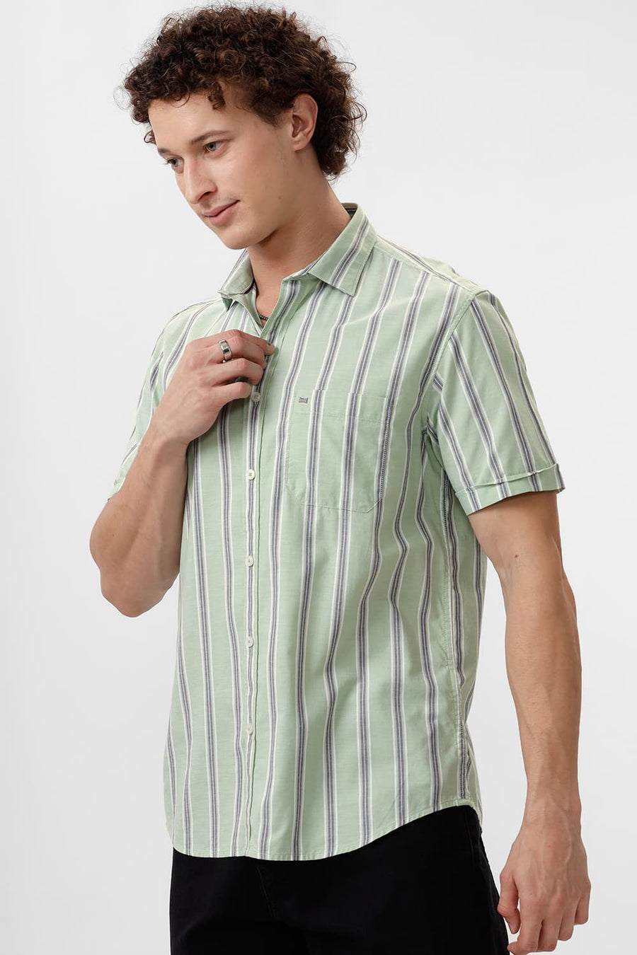 BASICS SLIM FIT ARCADIAN GREEN COTTON OXFORD STRIPE HALFSLEEVES SHIRT