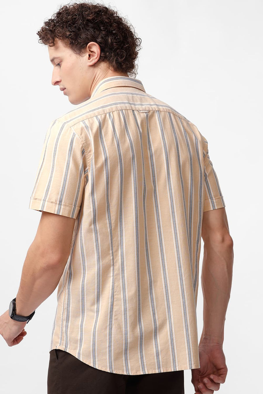 BASICS SLIM FIT CORNSILK YELLOW COTTON OXFORD STRIPE HALFSLEEVES SHIRT