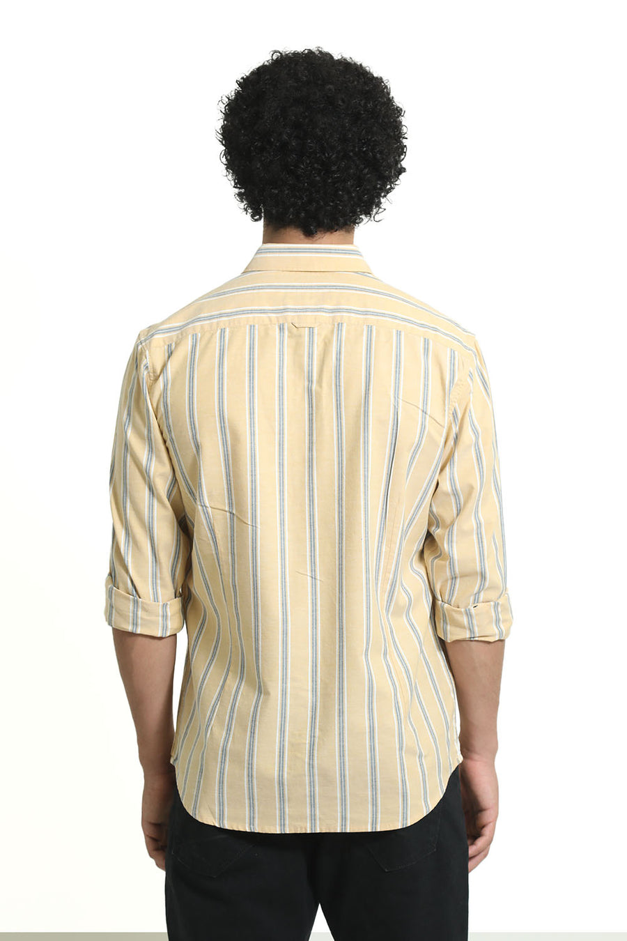 BASICS SLIM FIT CORNSILK YELLOW COTTON OXFORD STRIPE SHIRT