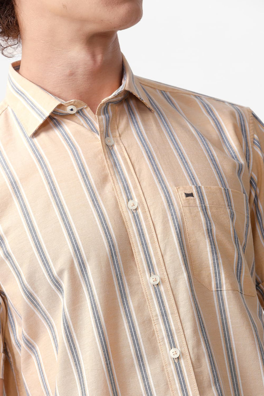 BASICS SLIM FIT CORNSILK YELLOW COTTON OXFORD STRIPE HALFSLEEVES SHIRT