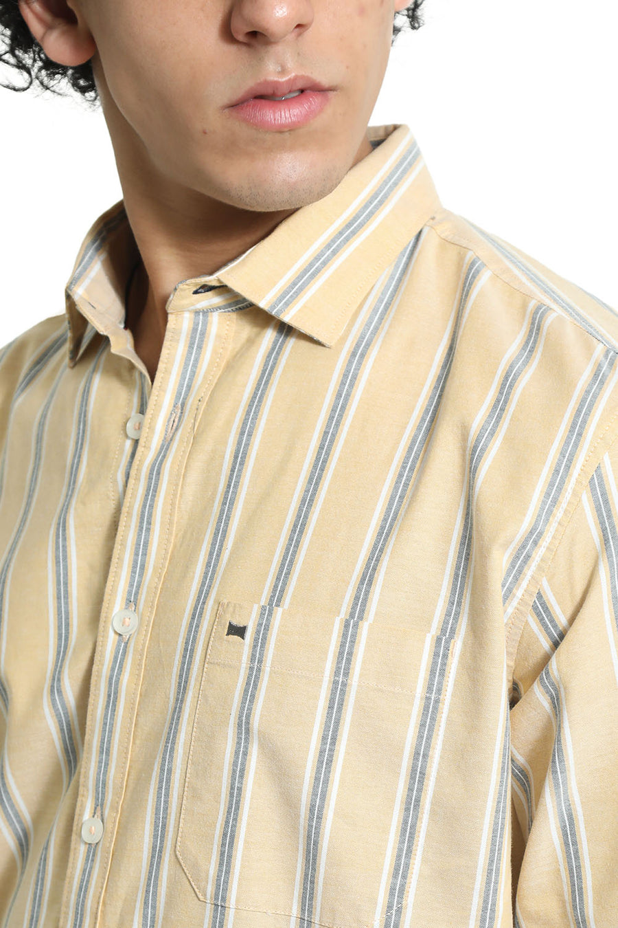 BASICS SLIM FIT CORNSILK YELLOW COTTON OXFORD STRIPE SHIRT
