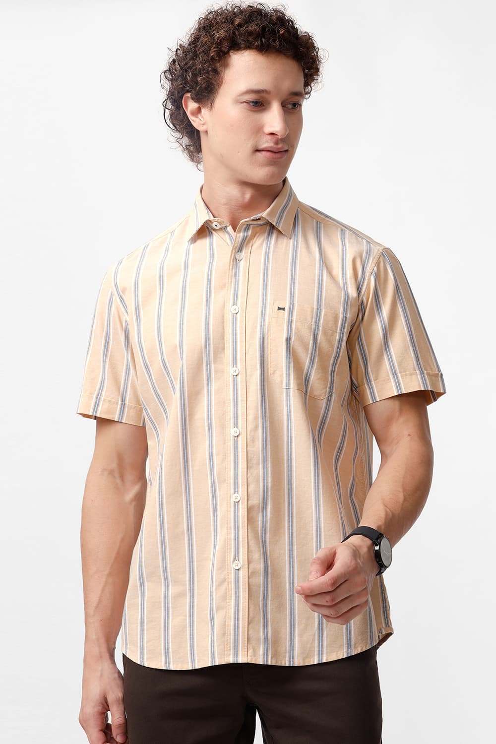 SLIM FIT COTTON OXFORD STRIPE HALFSLEEVES SHIRT