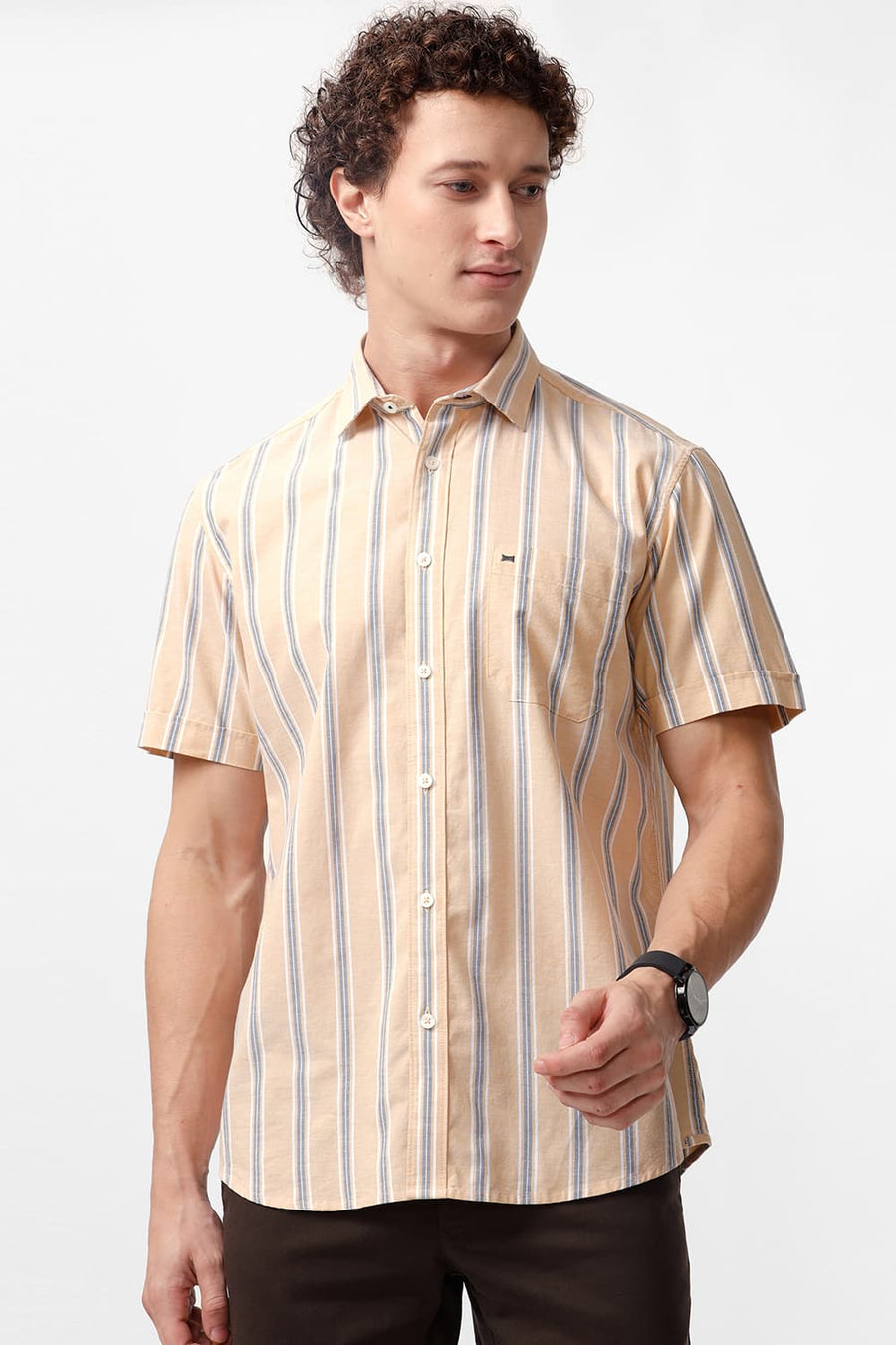 BASICS SLIM FIT CORNSILK YELLOW COTTON OXFORD STRIPE HALFSLEEVES SHIRT