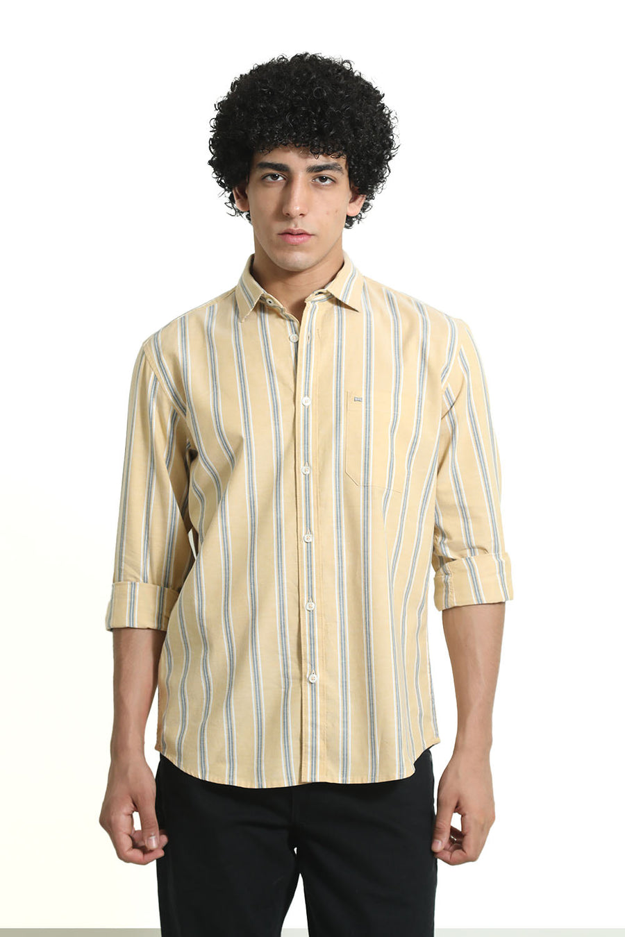 BASICS SLIM FIT CORNSILK YELLOW COTTON OXFORD STRIPE SHIRT
