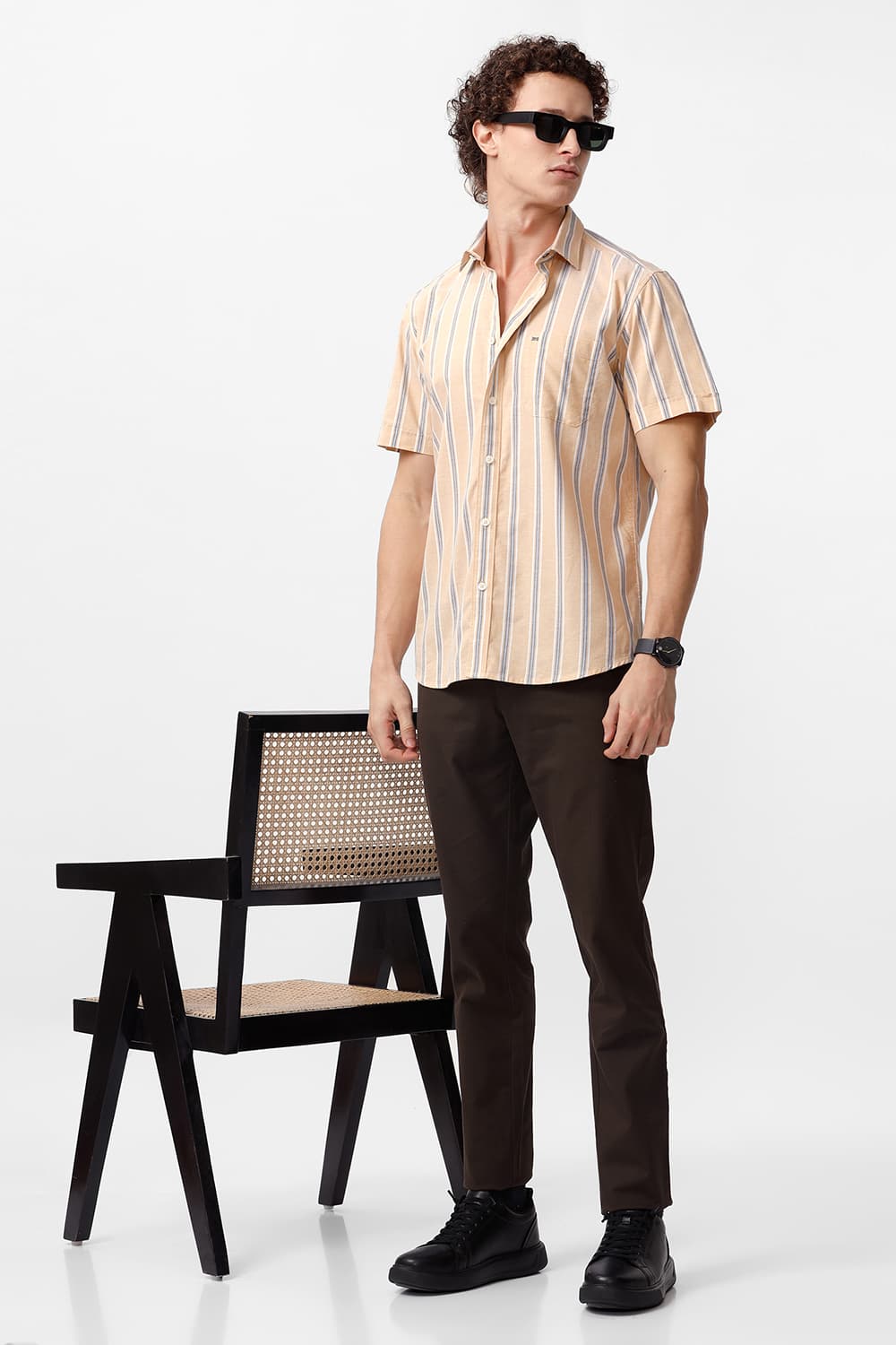 SLIM FIT COTTON OXFORD STRIPE HALFSLEEVES SHIRT