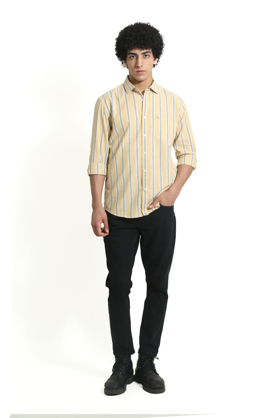 BASICS SLIM FIT CORNSILK YELLOW COTTON OXFORD STRIPE SHIRT
