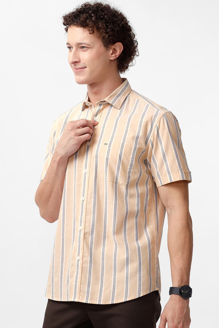 BASICS SLIM FIT CORNSILK YELLOW COTTON OXFORD STRIPE HALFSLEEVES SHIRT