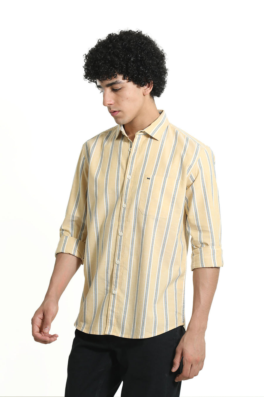 BASICS SLIM FIT CORNSILK YELLOW COTTON OXFORD STRIPE SHIRT