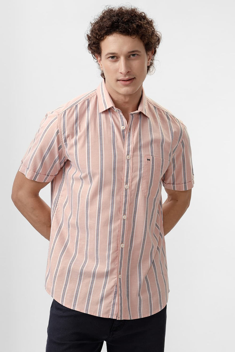 BASICS SLIM FIT ORANGE CLOUD COTTON OXFORD STRIPE SHIRT