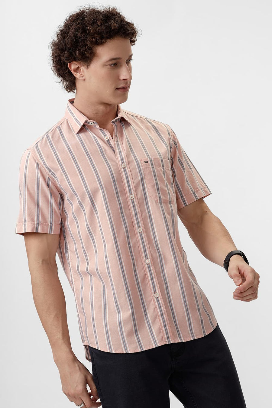 BASICS SLIM FIT ORANGE CLOUD COTTON OXFORD STRIPE SHIRT