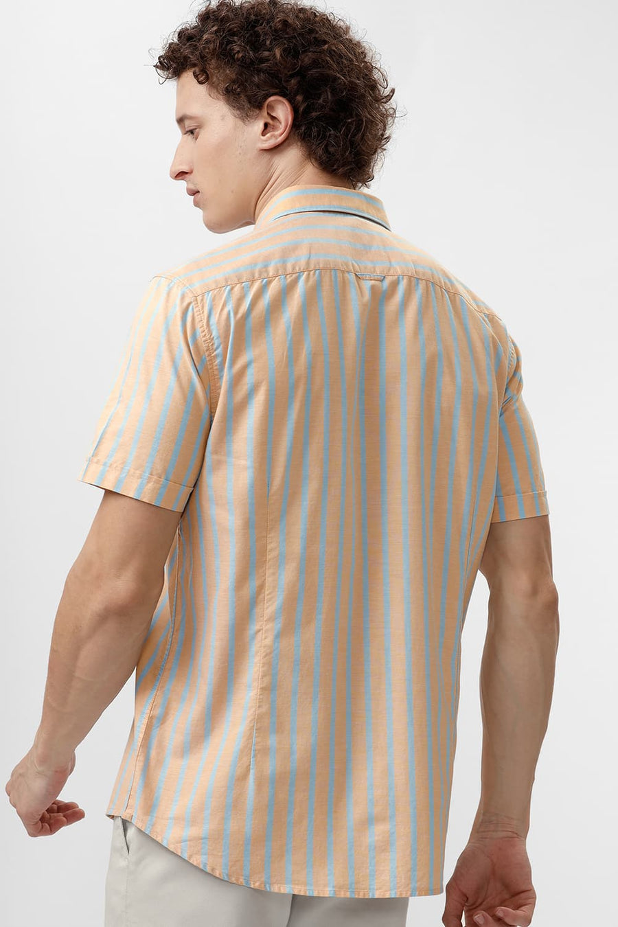 BASICS SLIM FIT CITRUS ORANGE COTTON OXFORD STRIPE HALFSLEEVES SHIRT