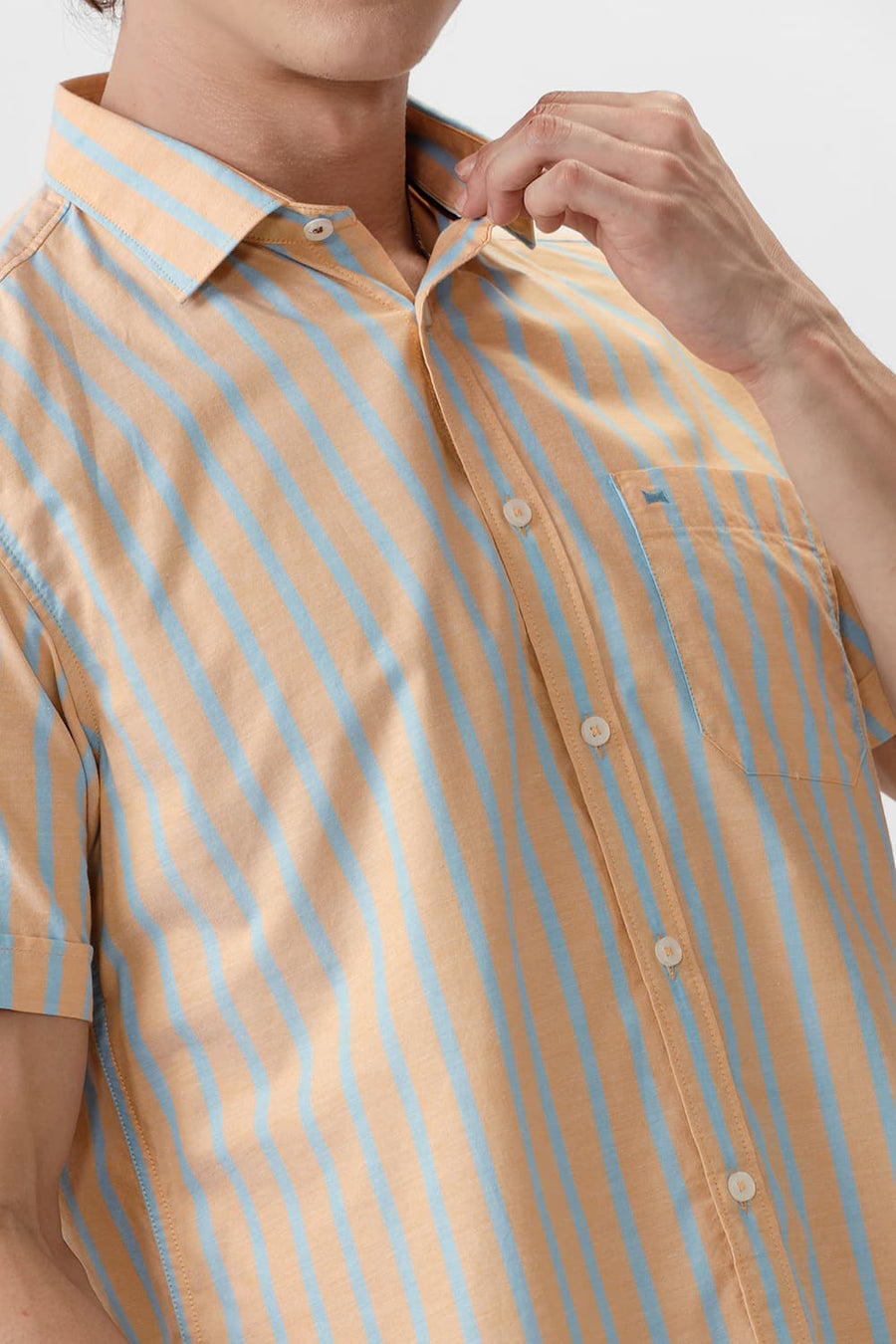 BASICS SLIM FIT CITRUS ORANGE COTTON OXFORD STRIPE HALFSLEEVES SHIRT