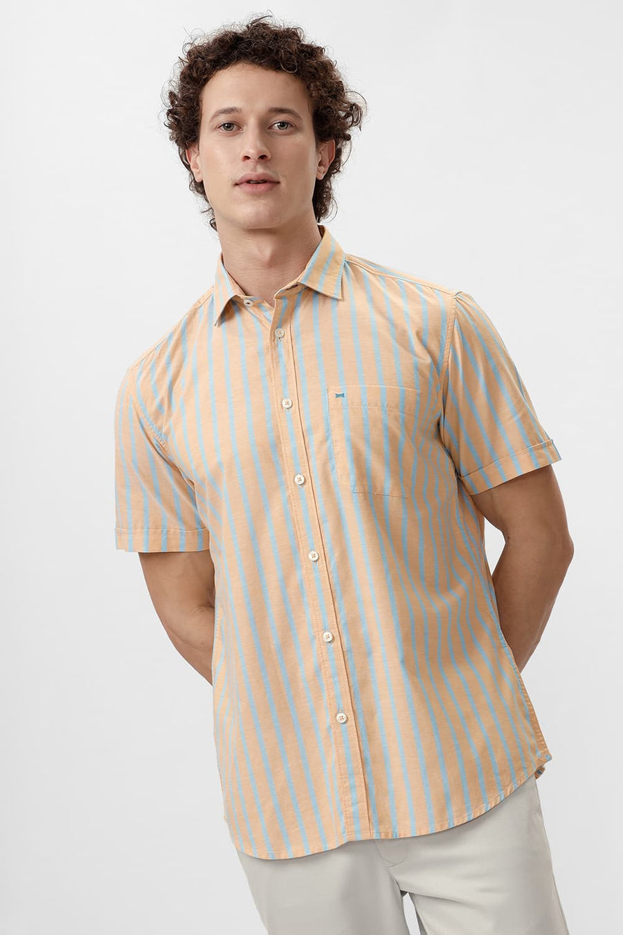 BASICS SLIM FIT CITRUS ORANGE COTTON OXFORD STRIPE HALFSLEEVES SHIRT
