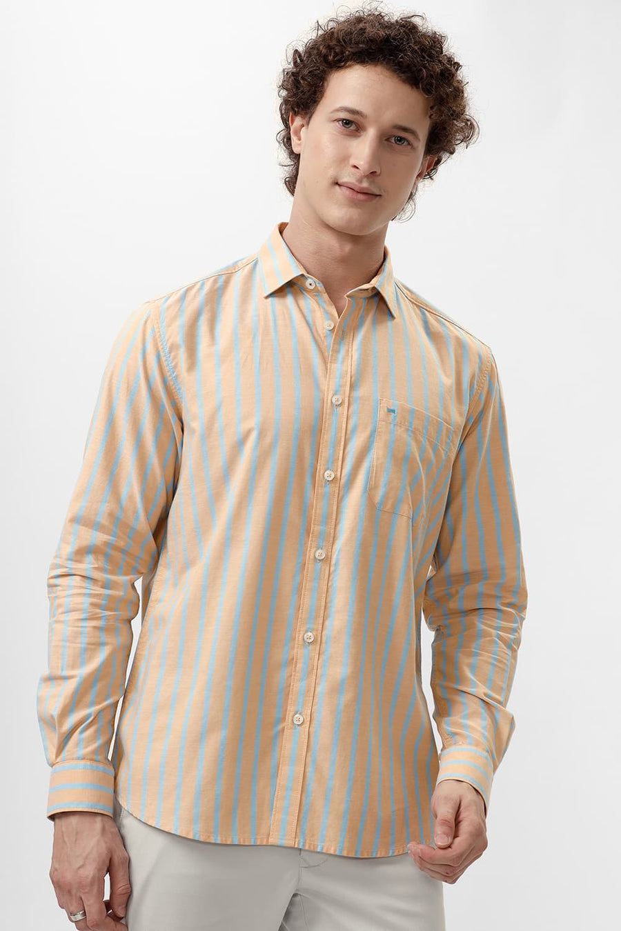 BASICS SLIM FIT CITRUS ORANGE COTTON OXFORD STRIPE SHIRT