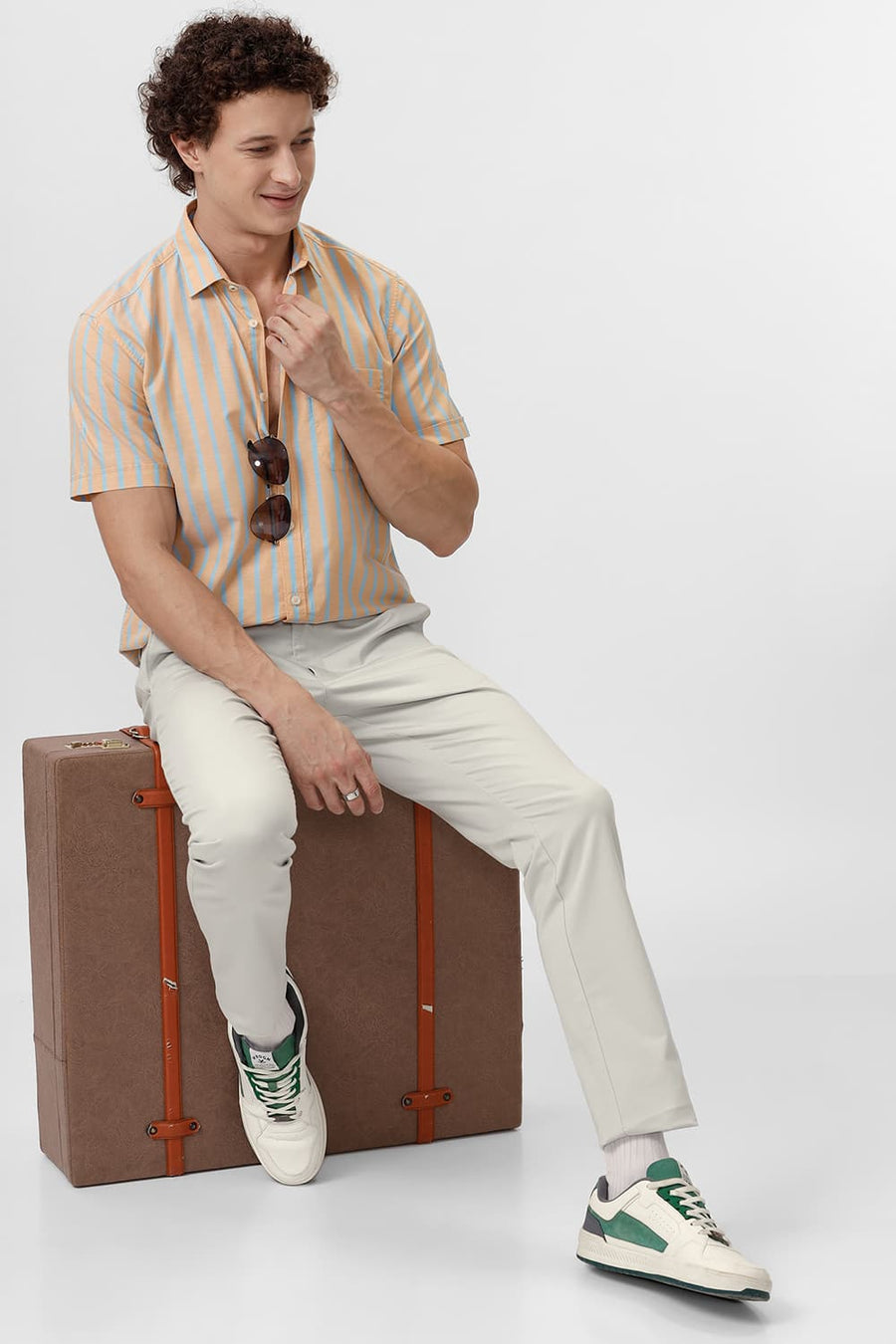 BASICS SLIM FIT CITRUS ORANGE COTTON OXFORD STRIPE HALFSLEEVES SHIRT