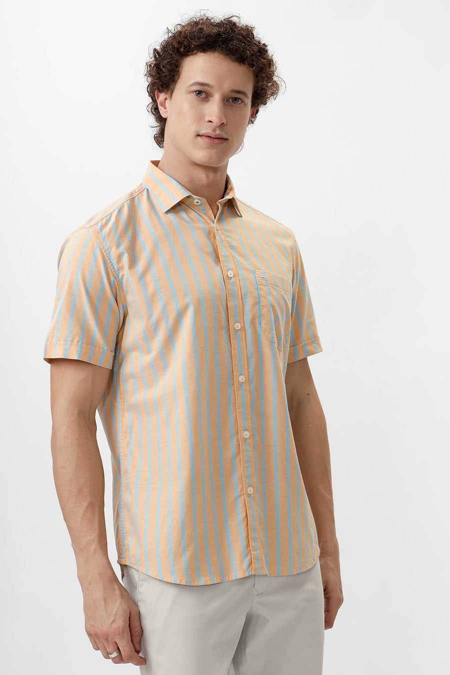 BASICS SLIM FIT CITRUS ORANGE COTTON OXFORD STRIPE HALFSLEEVES SHIRT