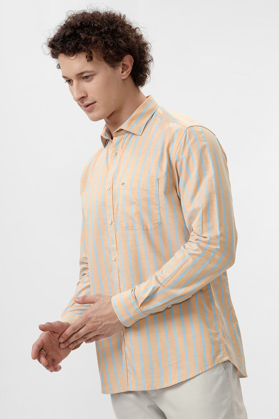 BASICS SLIM FIT CITRUS ORANGE COTTON OXFORD STRIPE SHIRT