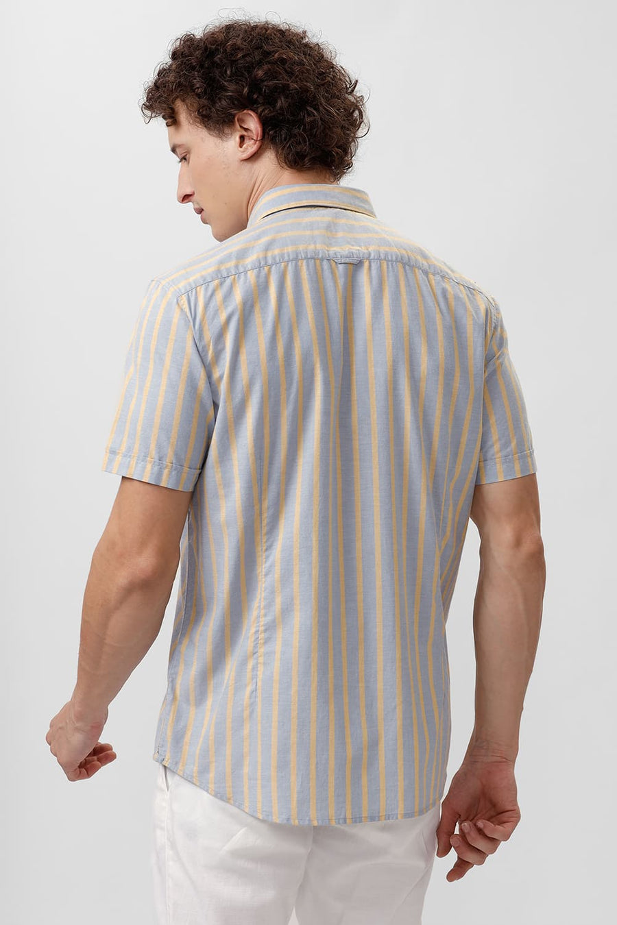 BASICS SLIM FIT DUSK GREY COTTON OXFORD STRIPE HALFSLEEVES SHIRT