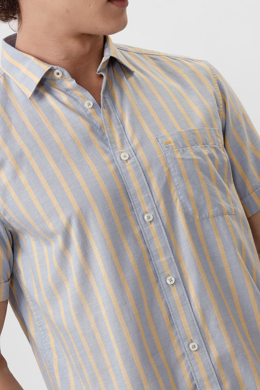 BASICS SLIM FIT DUSK GREY COTTON OXFORD STRIPE HALFSLEEVES SHIRT