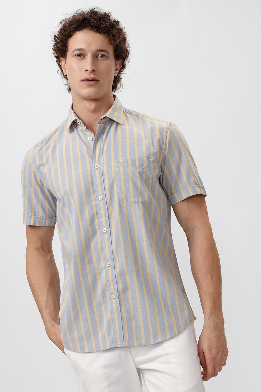 BASICS SLIM FIT DUSK GREY COTTON OXFORD STRIPE HALFSLEEVES SHIRT
