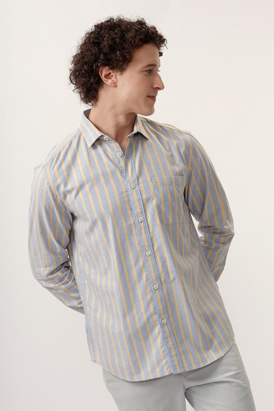 BASICS SLIM FIT DUSK GREY COTTON OXFORD STRIPE SHIRT