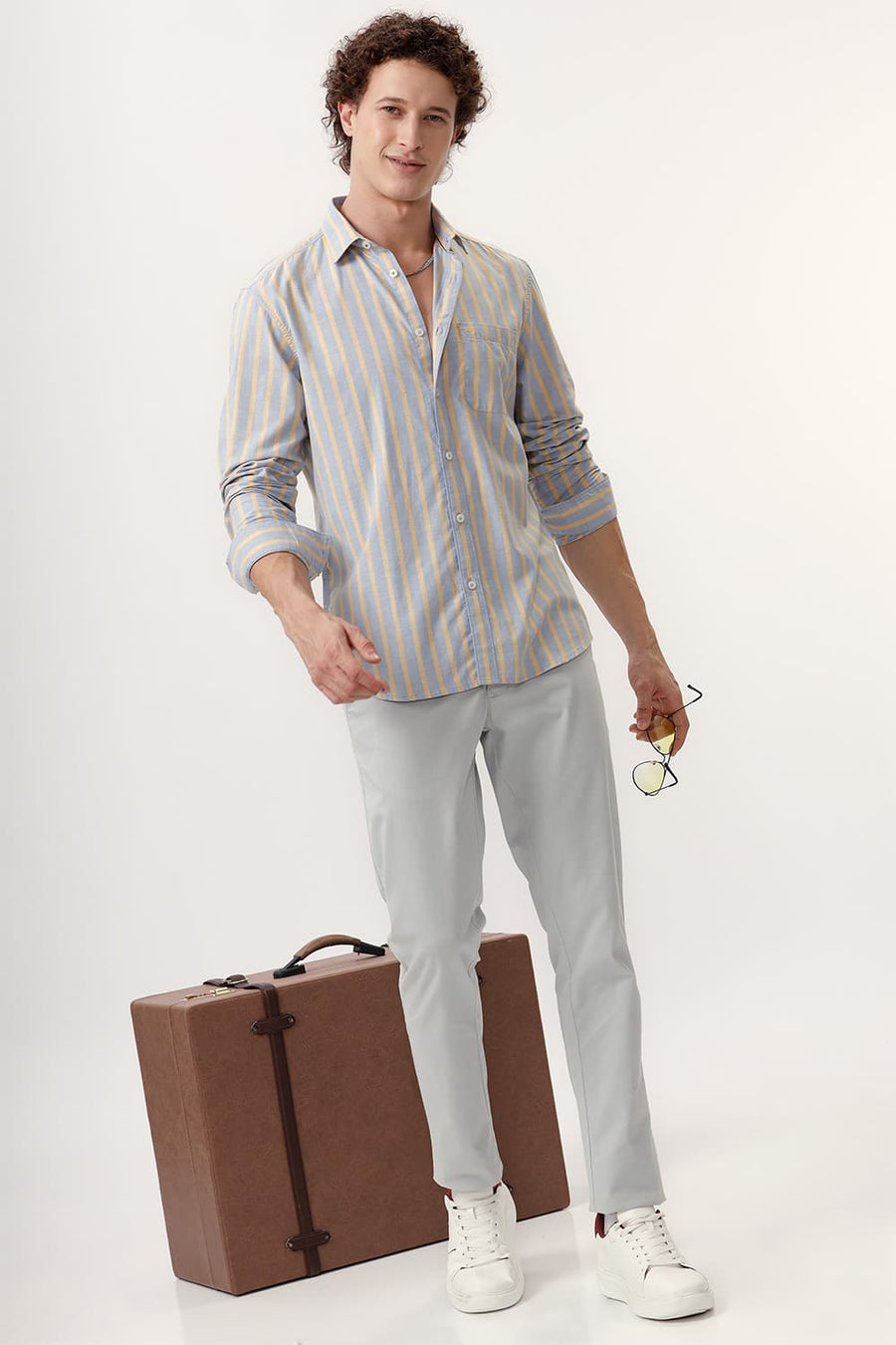 BASICS SLIM FIT DUSK GREY COTTON OXFORD STRIPE SHIRT