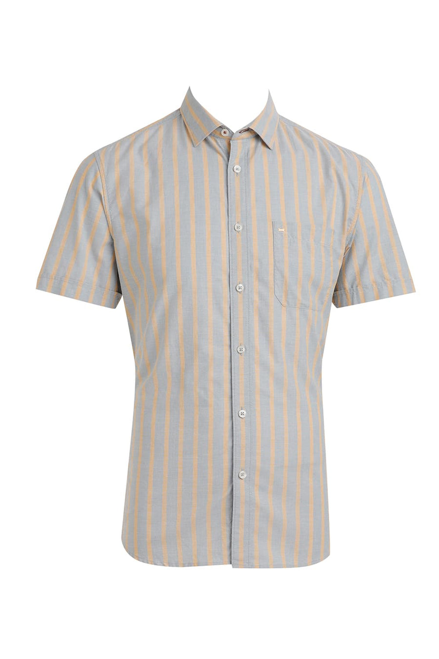 BASICS SLIM FIT DUSK GREY COTTON OXFORD STRIPE HALFSLEEVES SHIRT