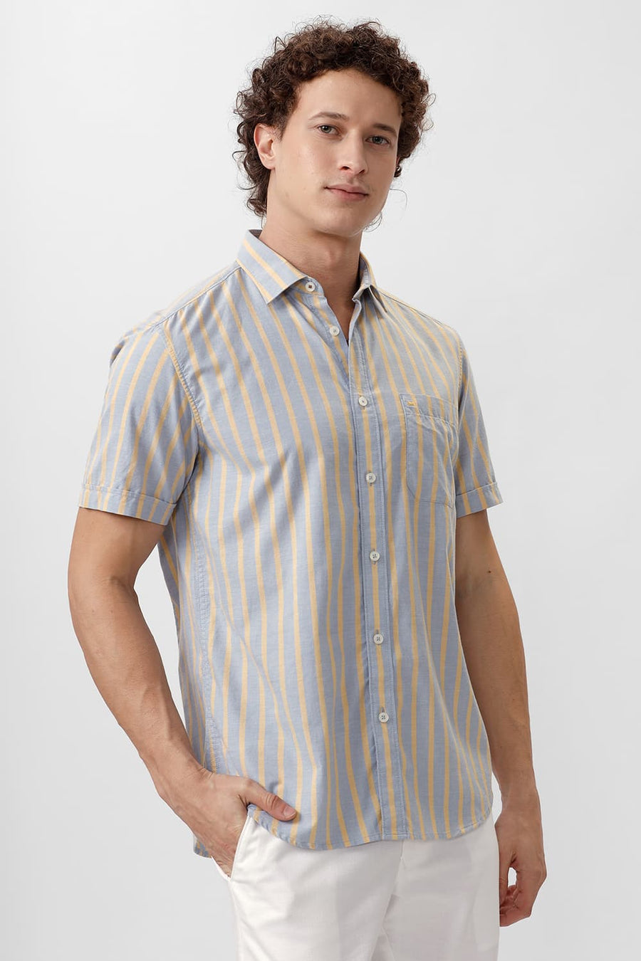 BASICS SLIM FIT DUSK GREY COTTON OXFORD STRIPE HALFSLEEVES SHIRT