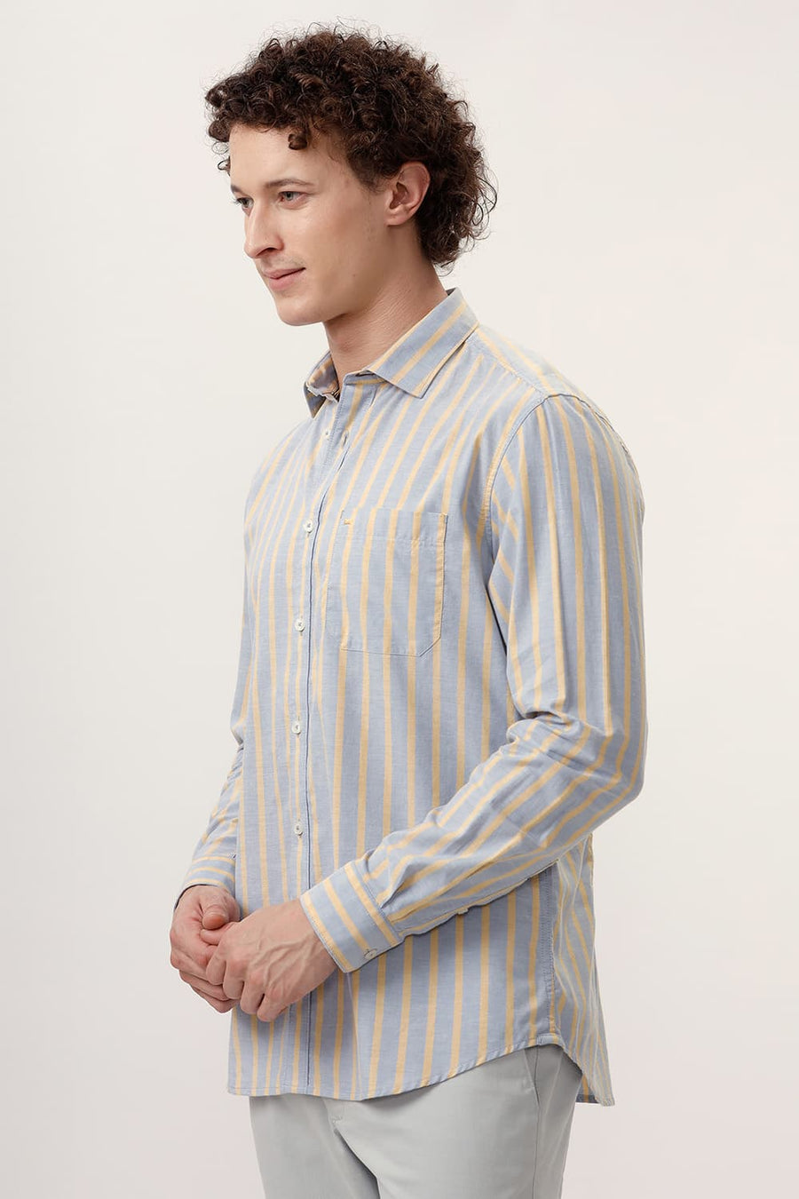 BASICS SLIM FIT DUSK GREY COTTON OXFORD STRIPE SHIRT