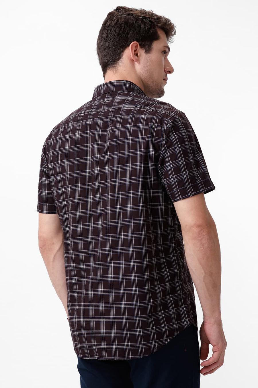 BASICS SLIM FIT PUCE MAROON COTTON CHECKS HALFSLEEVES SHIRT