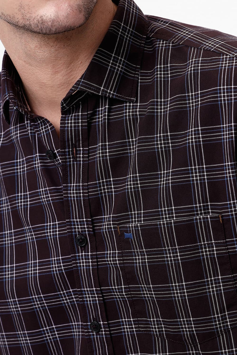 BASICS SLIM FIT PUCE MAROON COTTON CHECKS HALFSLEEVES SHIRT