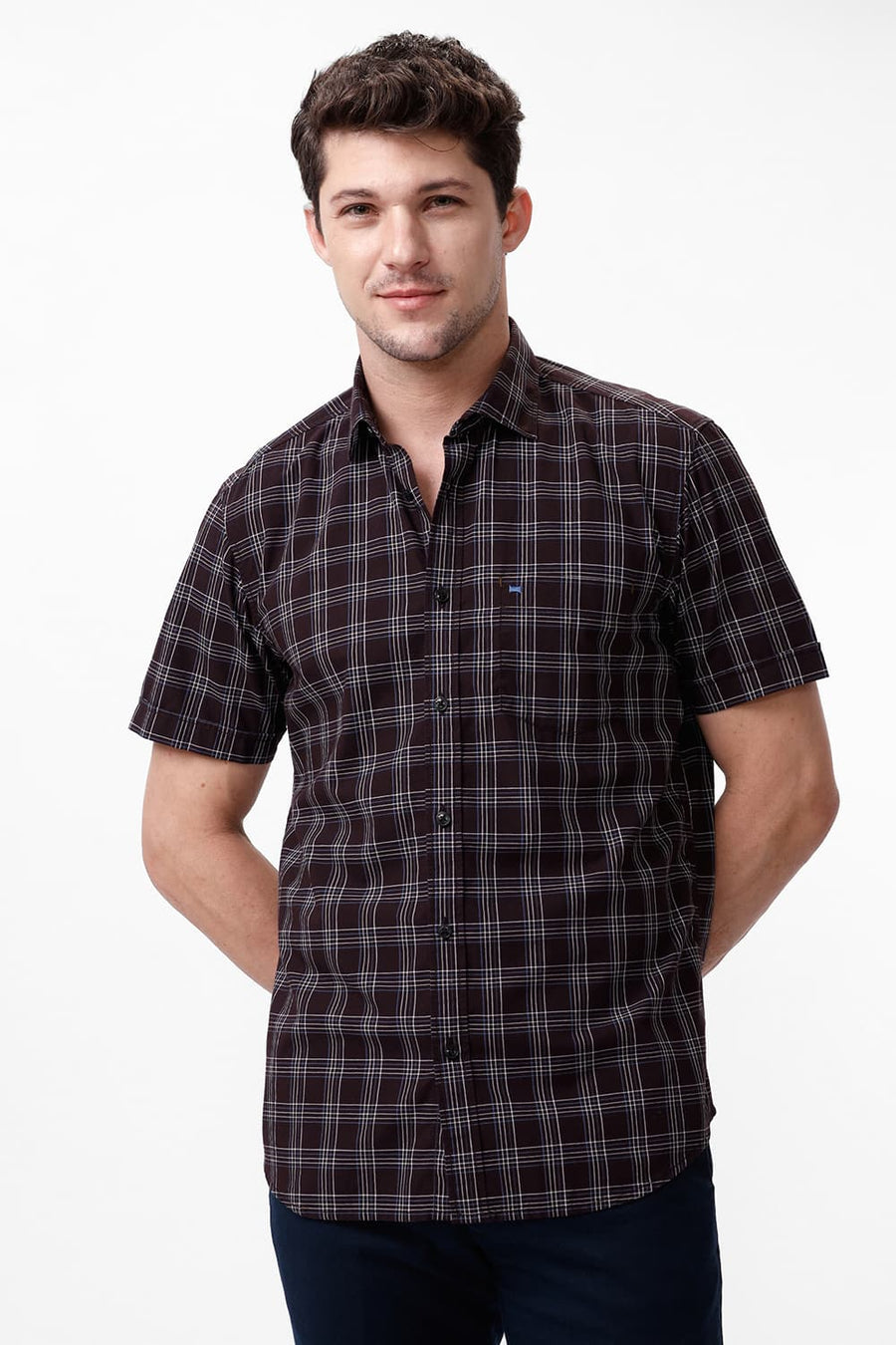 BASICS SLIM FIT PUCE MAROON COTTON CHECKS HALFSLEEVES SHIRT