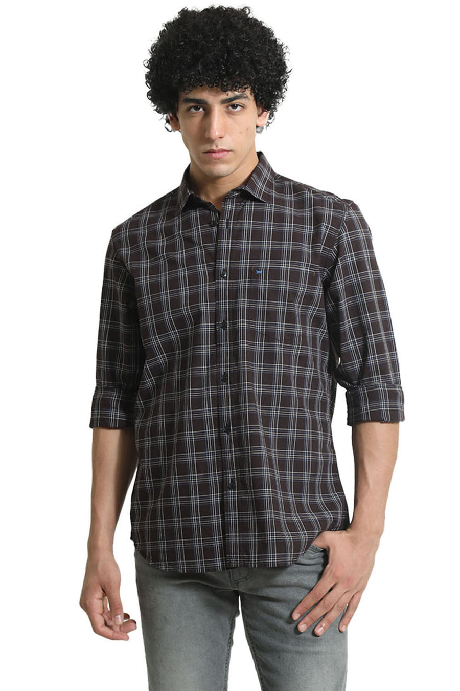 BASICS SLIM FIT PUCE MAROON COTTON CHECKS SHIRT