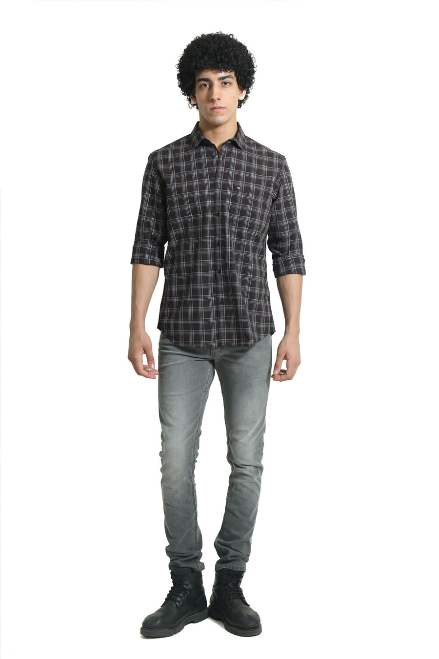 BASICS SLIM FIT PUCE MAROON COTTON CHECKS SHIRT
