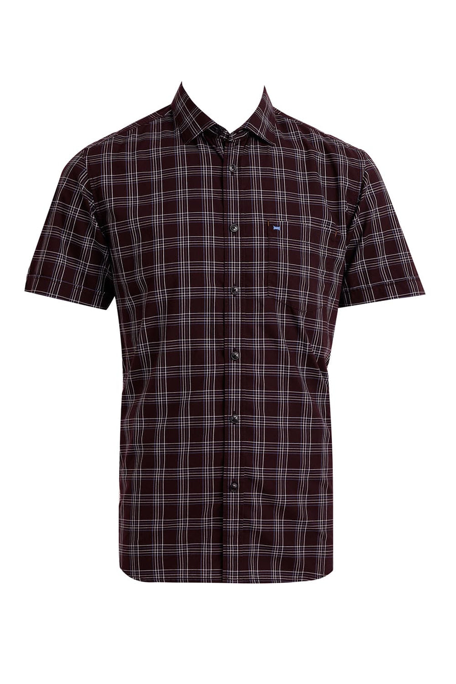 BASICS SLIM FIT PUCE MAROON COTTON CHECKS HALFSLEEVES SHIRT