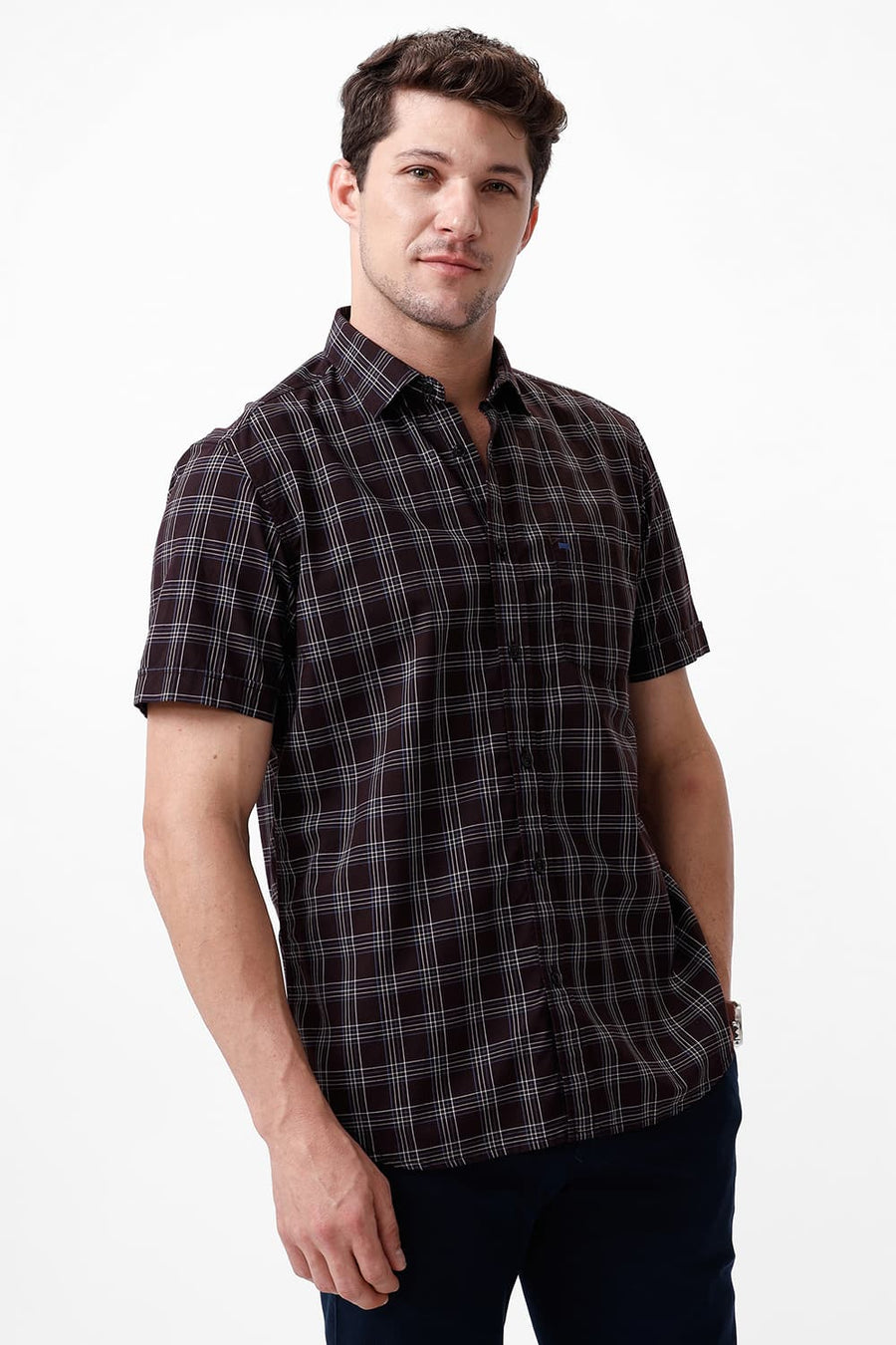 BASICS SLIM FIT PUCE MAROON COTTON CHECKS HALFSLEEVES SHIRT
