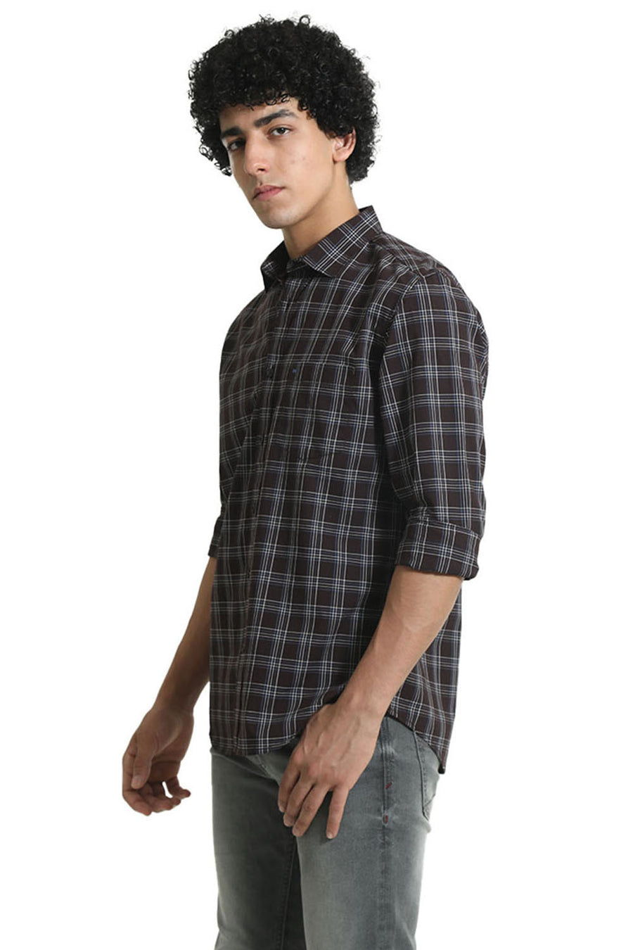 BASICS SLIM FIT PUCE MAROON COTTON CHECKS SHIRT