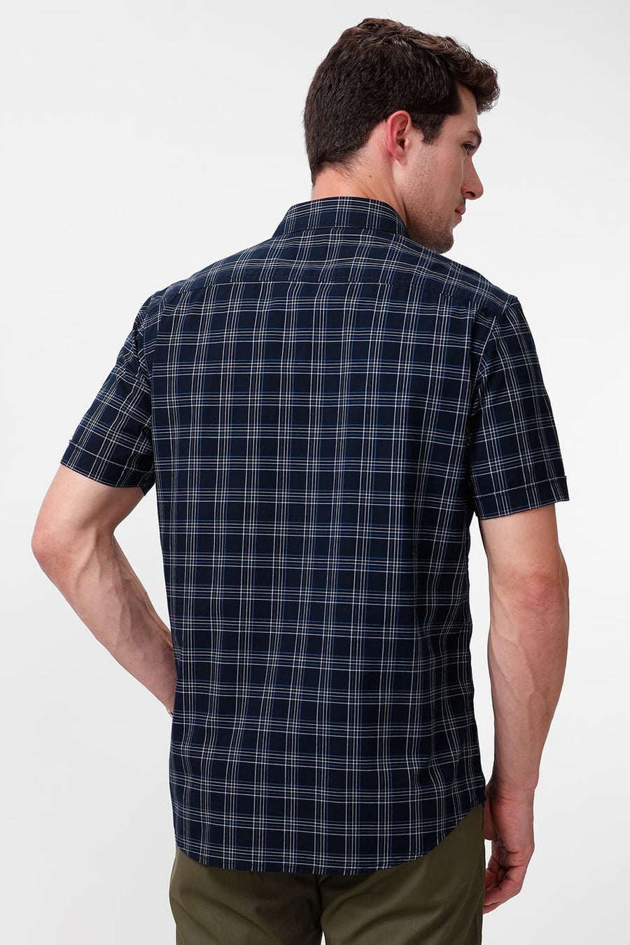 BASICS SLIM FIT NAVY BLUEBERRY COTTON CHECKS HALFSLEEVES SHIRT