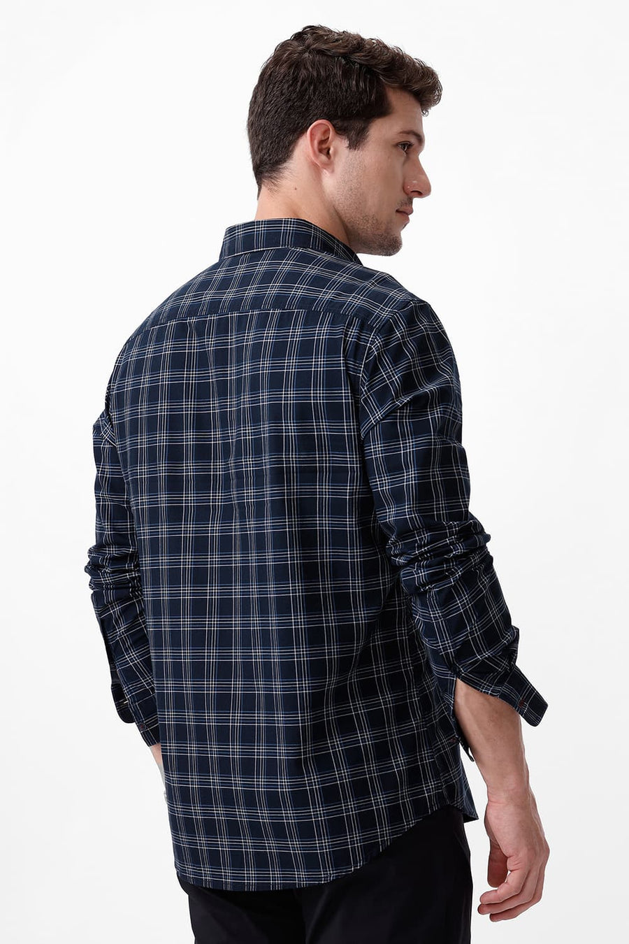 BASICS SLIM FIT NAVY BLUEBERRY COTTON CHECKS SHIRT