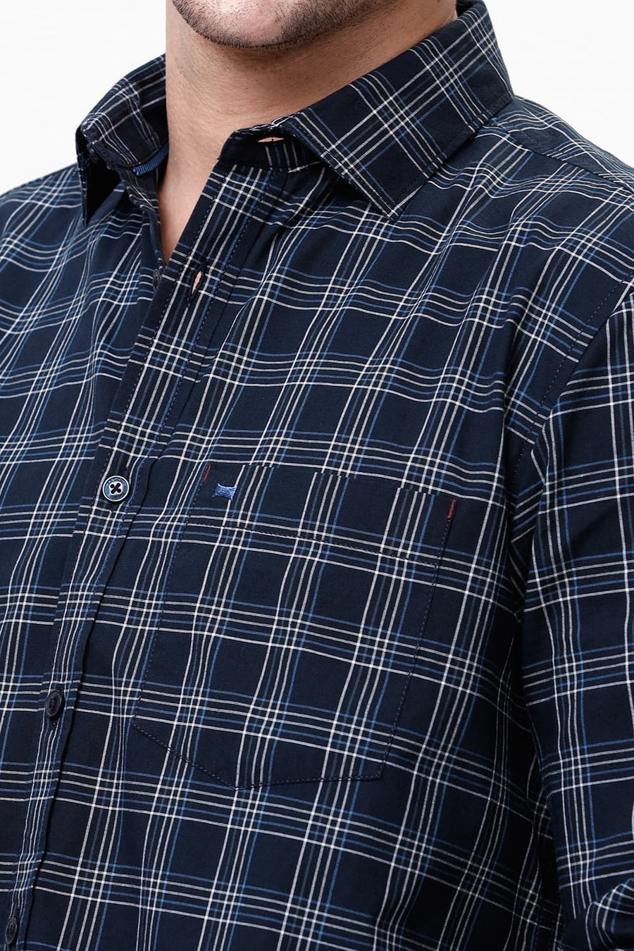 BASICS SLIM FIT NAVY BLUEBERRY COTTON CHECKS SHIRT