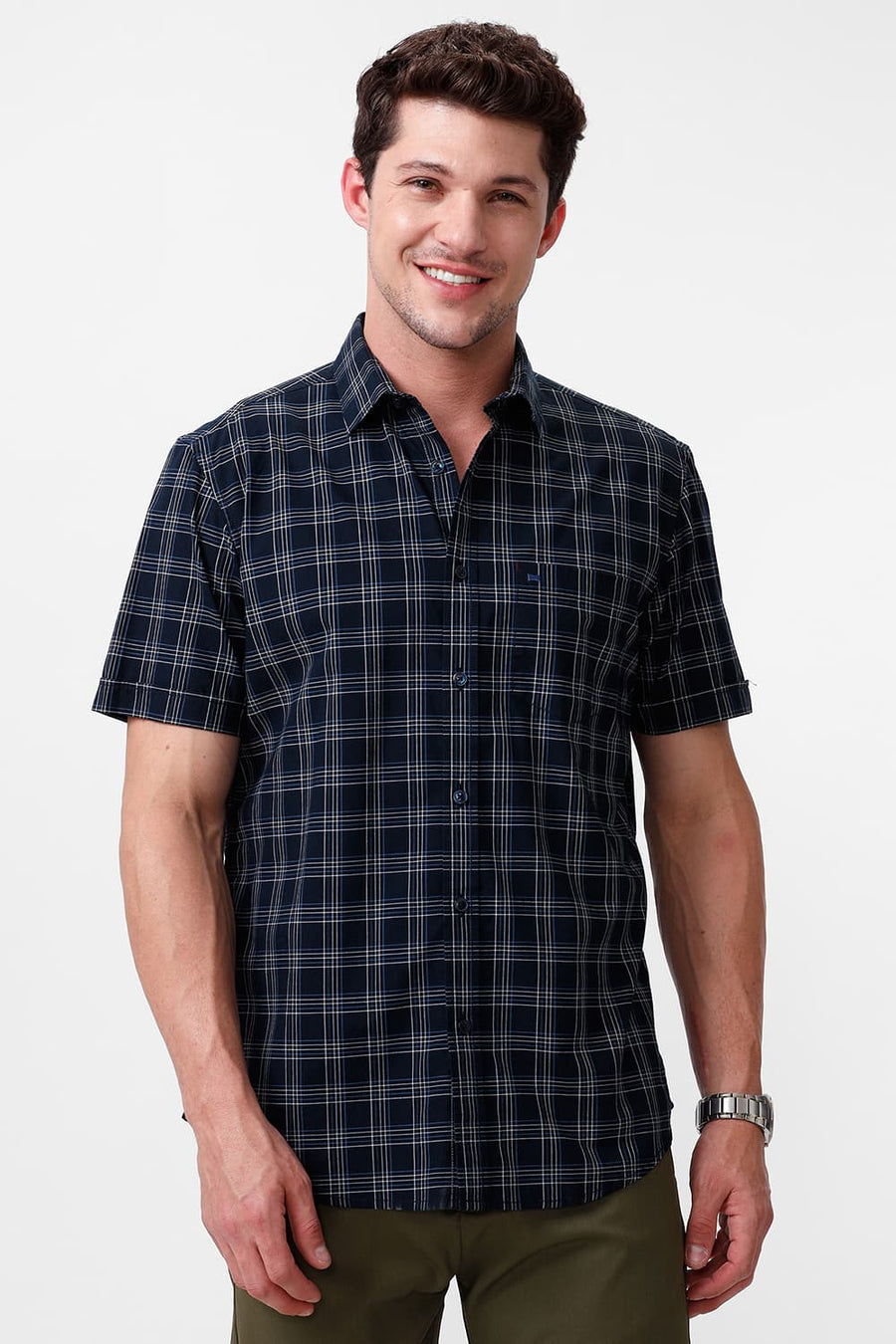 BASICS SLIM FIT NAVY BLUEBERRY COTTON CHECKS HALFSLEEVES SHIRT