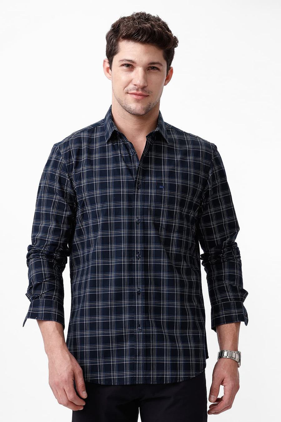 BASICS SLIM FIT NAVY BLUEBERRY COTTON CHECKS SHIRT