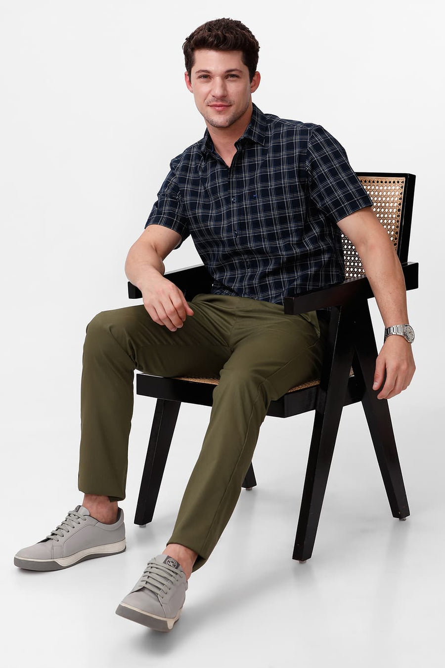 BASICS SLIM FIT NAVY BLUEBERRY COTTON CHECKS HALFSLEEVES SHIRT