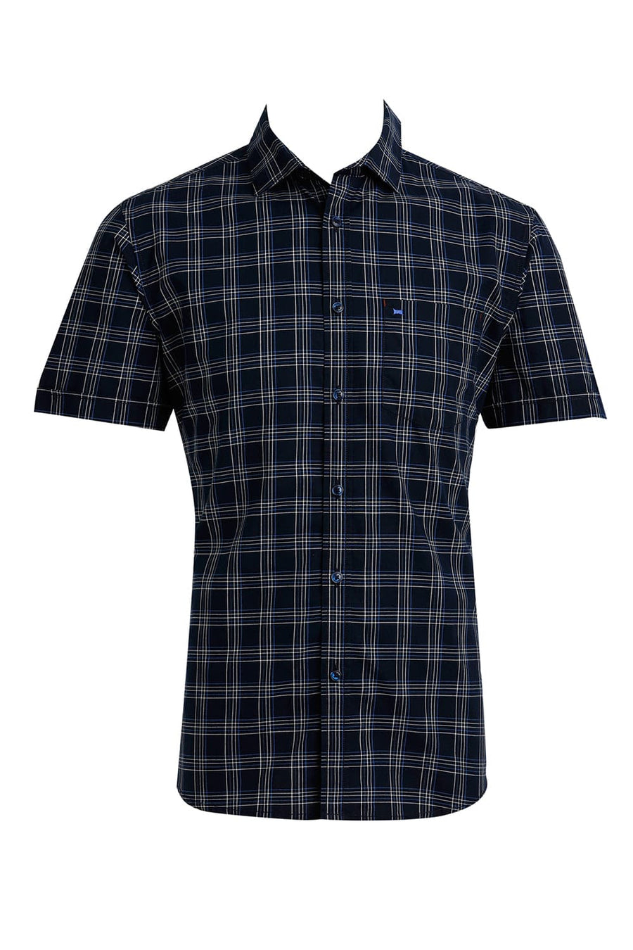 BASICS SLIM FIT NAVY BLUEBERRY COTTON CHECKS HALFSLEEVES SHIRT