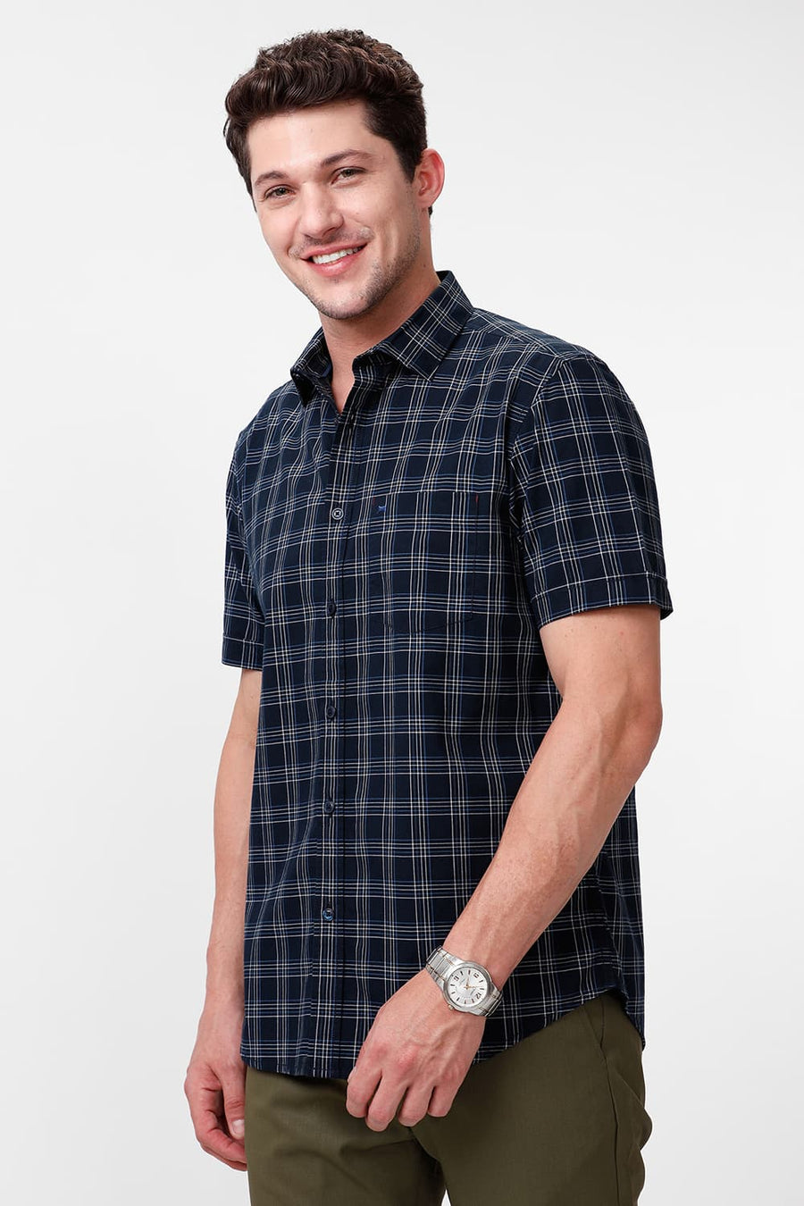BASICS SLIM FIT NAVY BLUEBERRY COTTON CHECKS HALFSLEEVES SHIRT