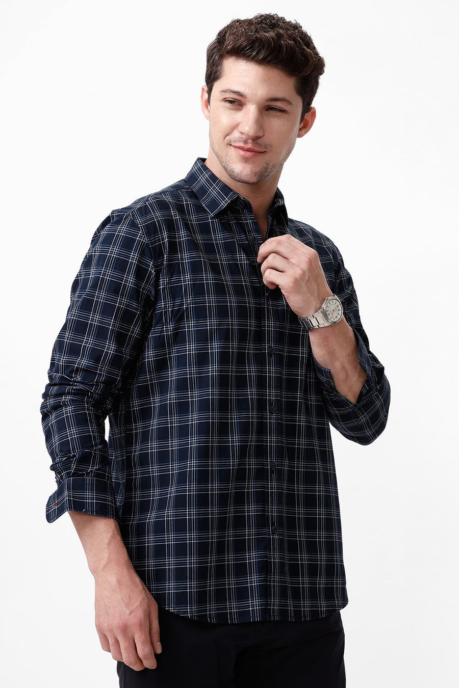 BASICS SLIM FIT NAVY BLUEBERRY COTTON CHECKS SHIRT