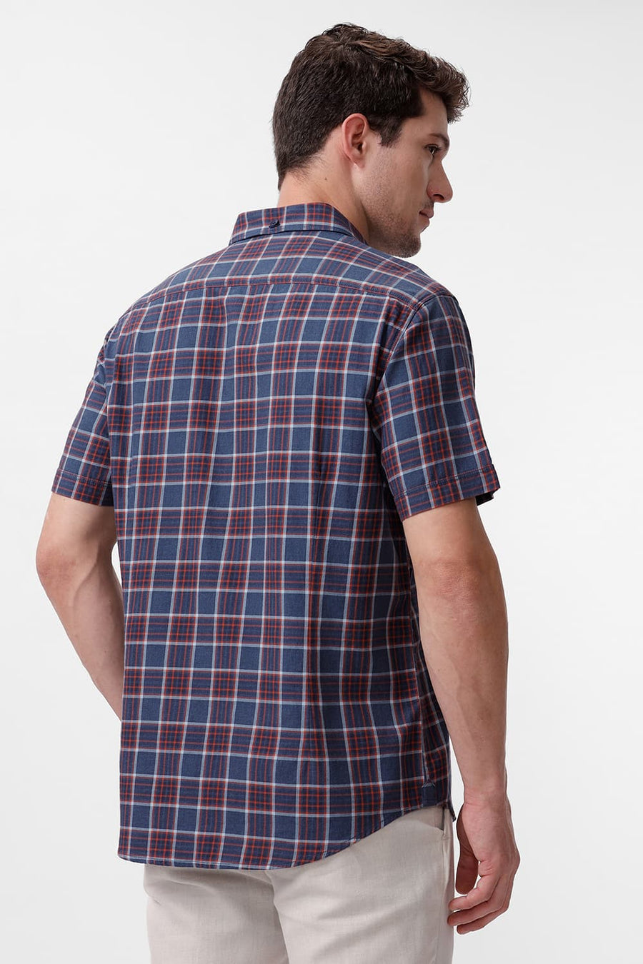 BASICS SLIM FIT NAVY SEA COTTON MELANGE CHECKS HALFSLEEVES SHIRT