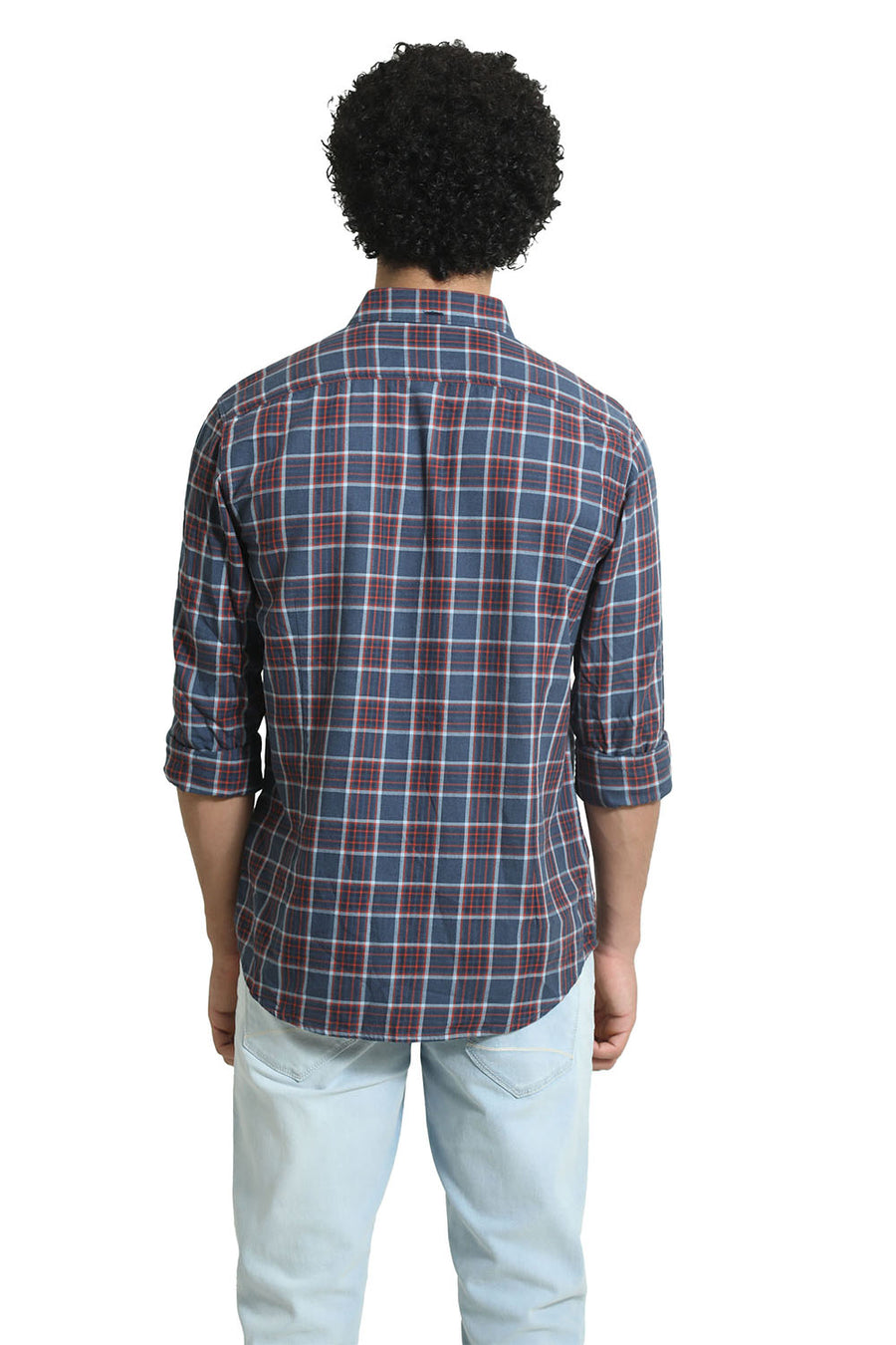 BASICS SLIM FIT NAVY SEA COTTON MELANGE CHECKS SHIRT