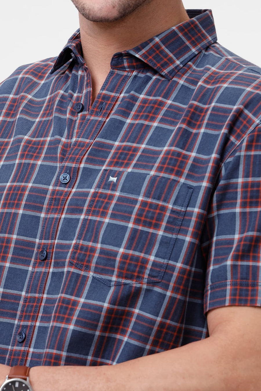 BASICS SLIM FIT NAVY SEA COTTON MELANGE CHECKS HALFSLEEVES SHIRT
