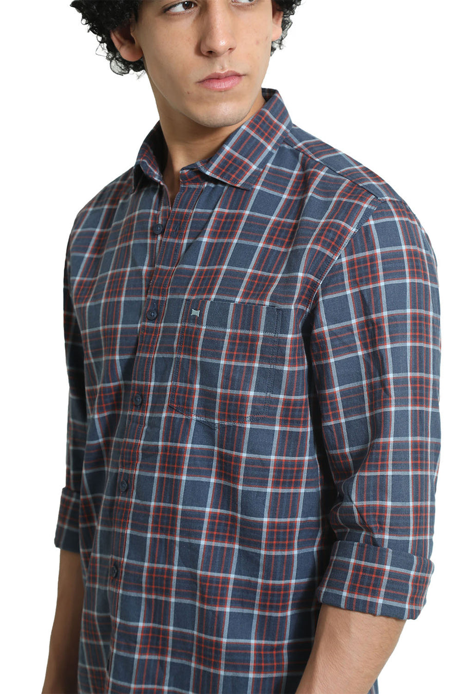 BASICS SLIM FIT NAVY SEA COTTON MELANGE CHECKS SHIRT
